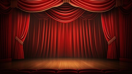 Fototapeta premium Empty theater scene with classic red curtains draped elegantly, inviting anticipation for a performance, showcasing a timeless stage design