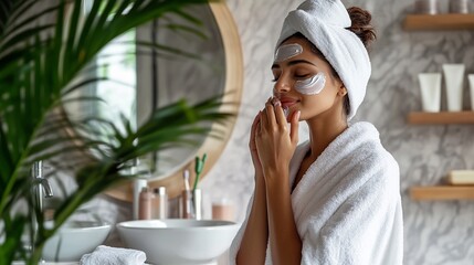 A Gen Z Indian woman, wrapped in a towel, stands before a bathroom mirror, applying cosmetics and washing her face as part of her morning skincare routine. 