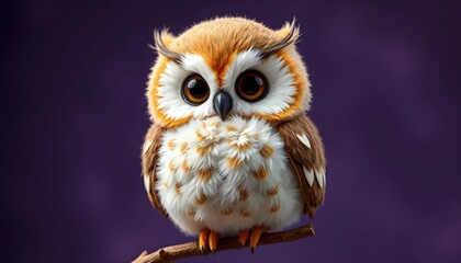 Obraz premium Cute Cartoon Owl Perched on Branch Against Purple Background