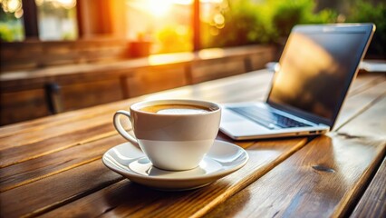 Obraz premium Rustic wooden table, laptop rests beside a steaming coffee cup; documentary-style still life.
