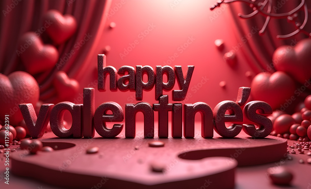 Fototapete glowing red 3d valentine's text emerging from staged background, surrounded by floating heart shaped