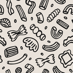 Italian pasta types seamless pattern with hand-drawn doodle elements. Vector set for print, decor, textile or paper design. Traditional Italian food.