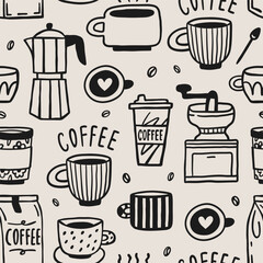 Coffee shop seamless pattern with hand-drawn doodle elements. Vector set for print, decor, textile or paper design.