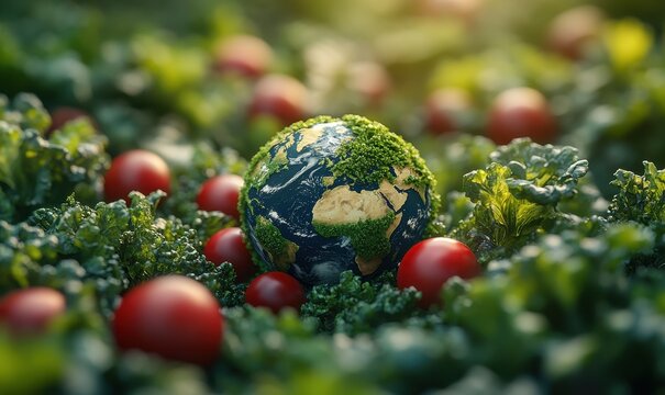 The Earth surrounded by vibrant green and blue vegetables in an eco-friendly concept