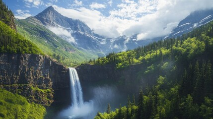 Majestic waterfall cascading down rocky cliffs into lush green valley, surrounded by majestic mountains under a bright sunny sky.