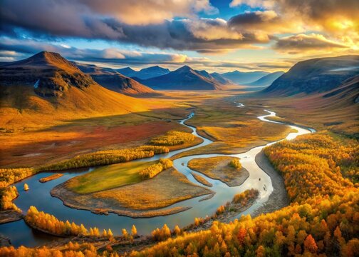 Sarek National Park: autumn's fiery hues illuminate Skierfe Mountain and the Rapa River.