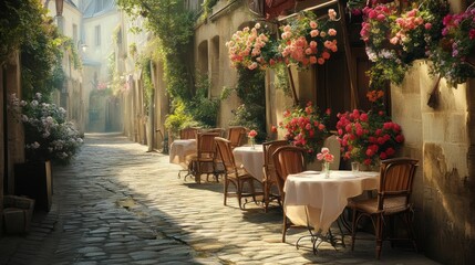 Fototapeta premium Sunlit Parisian street with cafe tables, flowers, and cobblestones.