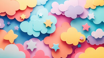 A comic-inspired background with overlapping paper-cut clouds and stars in bright colors.
