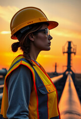 Obraz premium An engineer surveys a pipeline at sunset, her reflective safety vest and hardhat a testament to industry and safety, pop art, with white tones