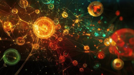 Abstract network of glowing orbs and lines in vibrant colors.