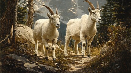 Obraz premium Two majestic mountain goats on a rocky path, overlooking a stunning mountain range.