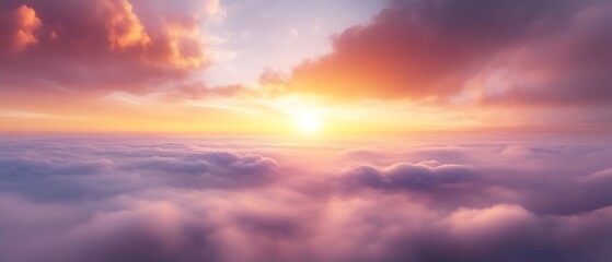 Fototapeta premium Aerial view of sunset over clouds.