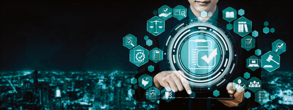 Compliance rule law and regulation graphic interface for business quality policy planning to meet international standard. uds