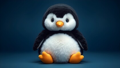 Naklejka premium Cute Plush Penguin Sitting Against a Dark Background