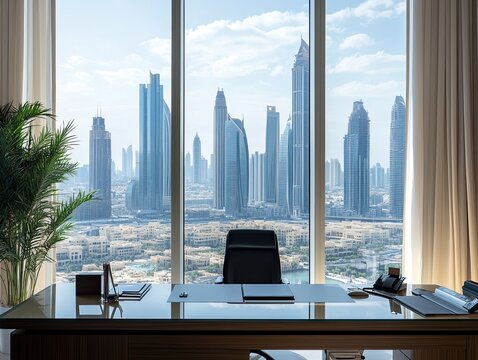 Modern office with city skyline view, desk, chair. Ideal for business, success concepts