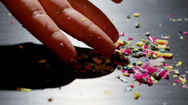 Finger presses and lifts plastic debris from table, showing microplastic contamination and environmental impact in slow motion