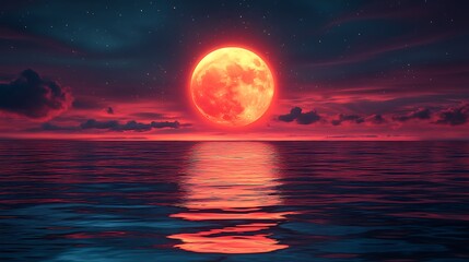 Night sky with red moon and reflection high resolution hd picture
