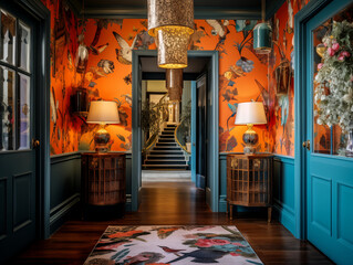  Maximalist bold and colorful hallway with colorful ornate wallpaper, statement lighting and teal wall panels