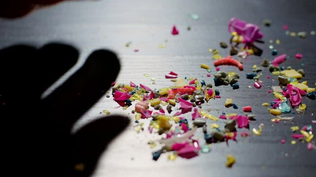 Plastic debris is pushed into a pile by hand under dramatic lighting, symbolizing environmental impact and microplastic contamination