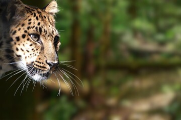 The majestic Amur Leopard stands tall in the forest, framed by the vibrant hues of sunset.