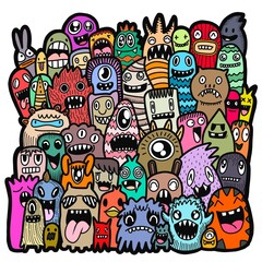 Hand-drawn illustrations, monsters doodle, Hand Drawn cartoon monster illustration,Cartoon crowd doodle hand-drawn Doodle style.