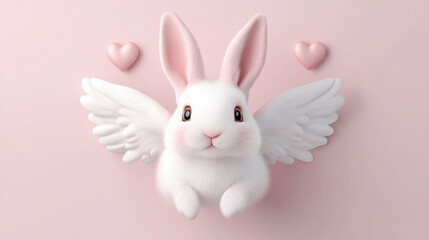 Cute rabbit and heart, Valentine's Day, A whimsical image of a pink rabbit with heart-shaped wings, soaring in the sky, rendered in high fidelity, perfect for creative projects or illustrations.
