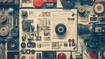 Fototapeta premium Flatlay of vintage camera equipment, photos, and documents.