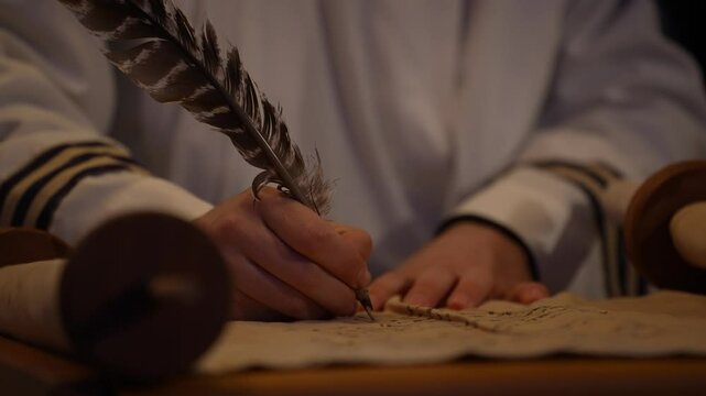 Writing on Papyrus Parchment with Quill and Ink, Ancient Scribe Recording Biblical History Scrolls