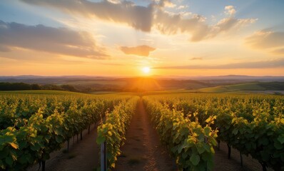 Breathtaking sunset over lush vineyards