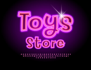 Vector Neon signboard Toys Store. Children Electric  Font. Glowing set of Handwritten Alphabet Letters and Numbers.