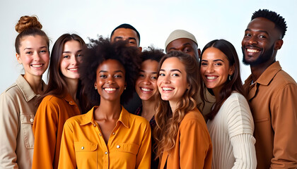 Retrato de grupo diverso sonriendo en fondo blanco