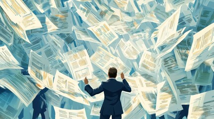 Overwhelmed businessman surrounded by falling documents, paperwork, and files.