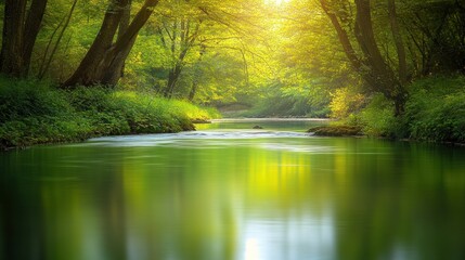Fototapeta premium Serene river flowing through lush green forest with sunlight filtering through trees.