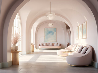 Modern minimalist hallway with arched ceiling in pastel tones with pastel furniture. 