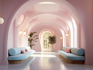 Modern minimalist hallway with arched ceiling in pastel tones with pastel furniture. 