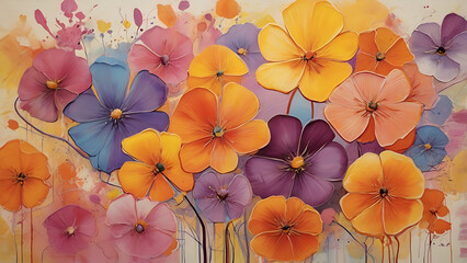 Naklejka premium An Abstract Floral Burst with Vibrant Brushstrokes in Pink, Purple, Yellow, and Orange, Flowing Freely on a Crisp White Background, AI-generated