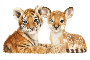 Obraz premium A watercolor illustration of a tiger cub and a fawn lying together.