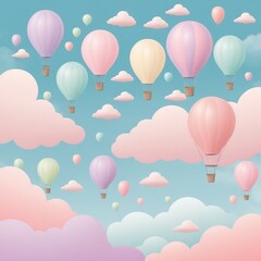 Background in pastel colors for children with clouds, balls, and flying air balloons.