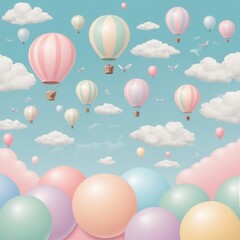 Background in pastel colors for children with clouds, balls, and flying air balloons.