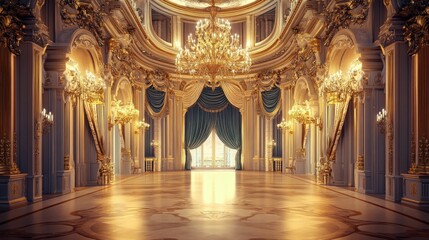 Obraz premium Grand opulent palace hall with teal curtains, gold accents, and crystal chandeliers.