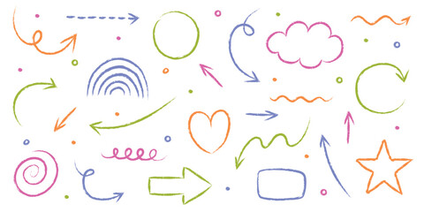 Set of hand drawn grunge arrow, line, square, circle and various shapes. Abstract pencil, crayon and chalk brush style. Doodles. Vector illustration