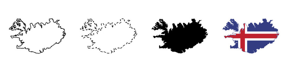 Set of vector maps of Iceland . Mercator projection. Filled and outline.