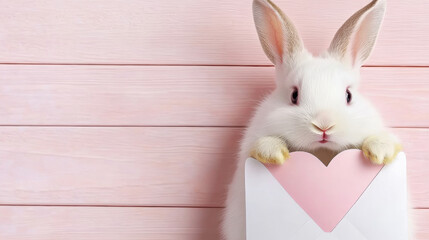 Cute rabbit and heart, Valentine's Day, A whimsical image of a pink rabbit emerging from a heart-shaped envelope, showcasing a playful and vibrant design ideal for creative use.
