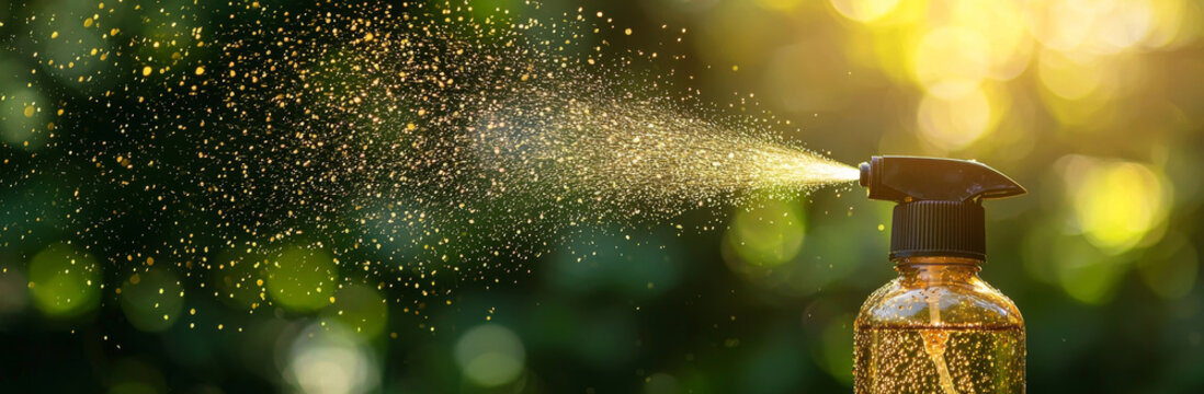Preventing insect stings with repellent spray, focusing on protection outdoors, this captures essence of safety in nature