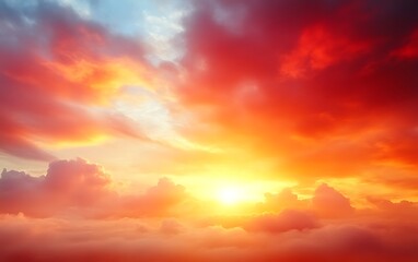 Vibrant sunset with fiery clouds and sun.