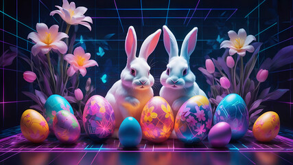Futuristic Easter poster with neon eggs and bunnies on a dark, bright background of glowing digital grids and holographic floral patterns
