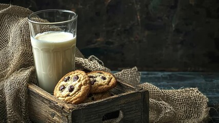 Rustic Still Life: Chocolate Chip Cookies and Milk in Wooden Crate