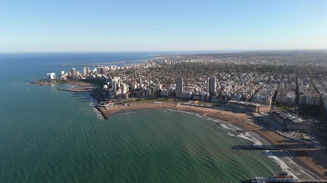 Bird's-eye view of Mar del Plata, a coastal city in Buenos Aires province, Argentina, showcasing its urban layout and proximity to the ocean.