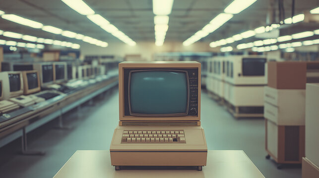 Retro computer on wooden table, 1980s style