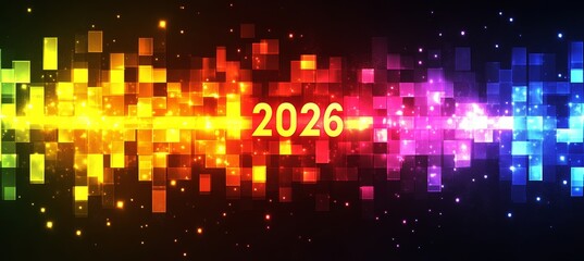 Naklejka premium Abstract Background With Colorful Squares Seamlessly Blending And Glowing Bokeh Lights 2026